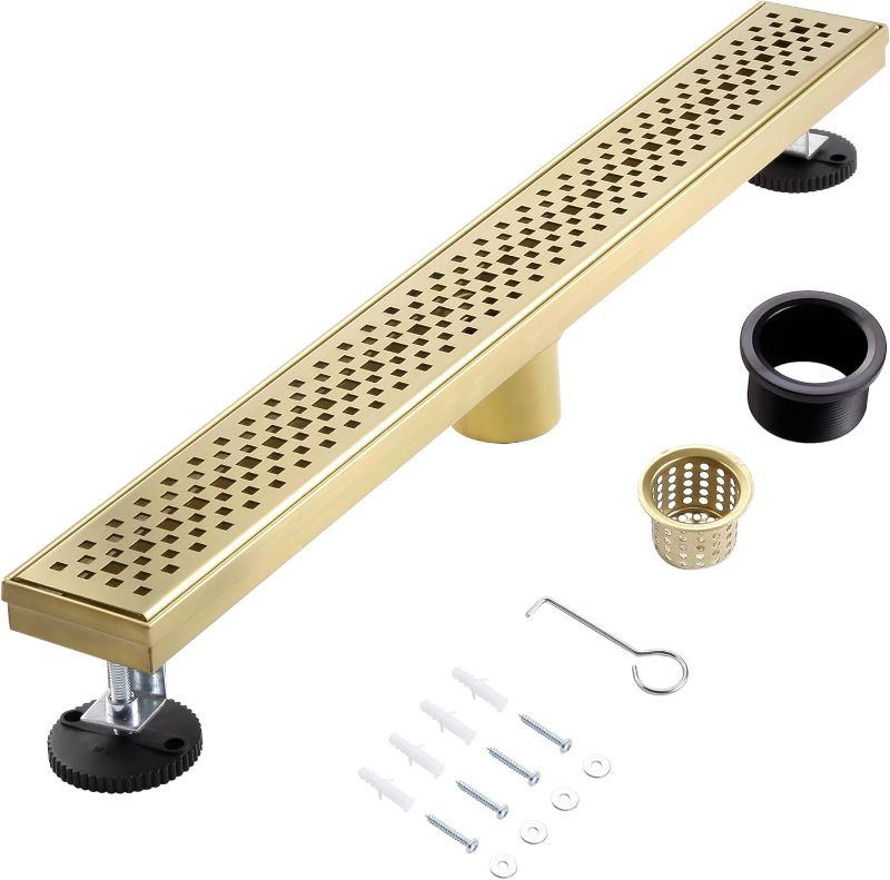 Photo 1 of 32 Inch Linear Shower Drain, Gold Rectangular Floor Drain, Flat and Tile-in Grate, 304 Stainless Steel, Easy to Install & Clean for Bathrooms (Drain Base Not Included)
