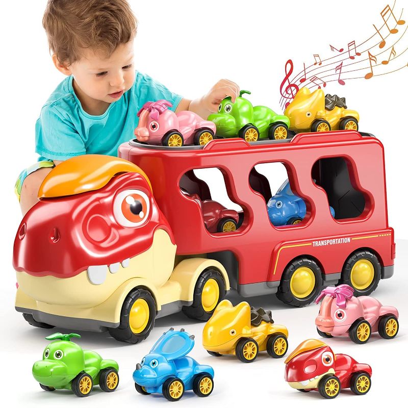 Photo 1 of Dinosaur Car Toys for Toddlers and Kids, Friction Cute Tyrannosaurus Transport Truck with 5 Cartoon Pull Back Dino Cars, 5 in 1 Dino Carrier Play Set for 2 3 4 5 6+ Year Old Boys & Girls 6 in 1 dino play set