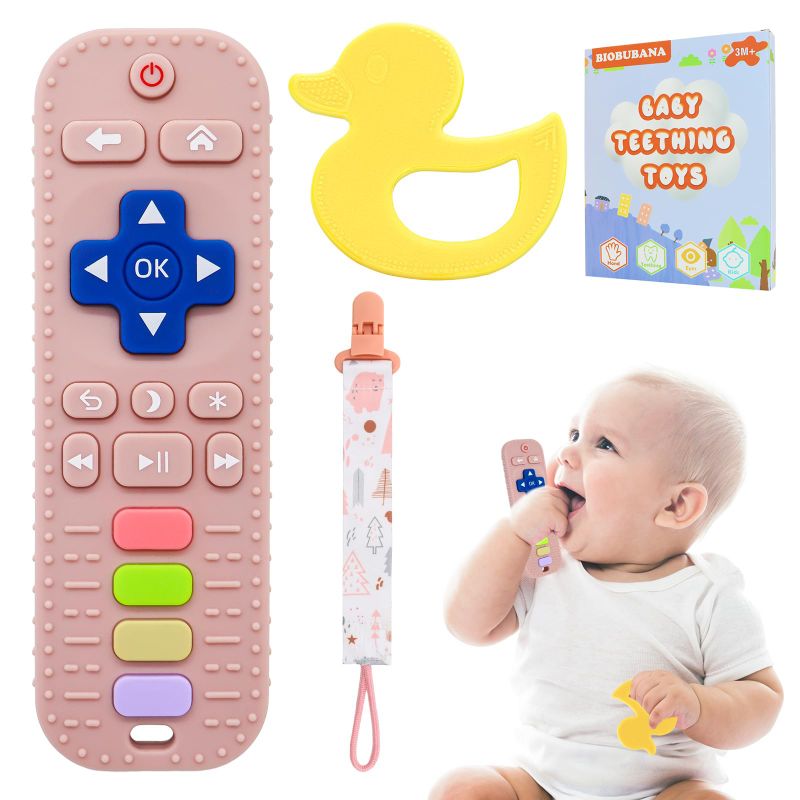 Photo 1 of 2 PCS Baby Teething Toys, Baby Teethers Set for 0-6, 3-6 Months & 6-12 Months, Remote Control Shape Teether, Duck Shape Teether, Baby Chew Toys Set, Baby Essentials, Infant Toys, Gift for Mum-to-Be 2 PCS Remote Control Teethers Set