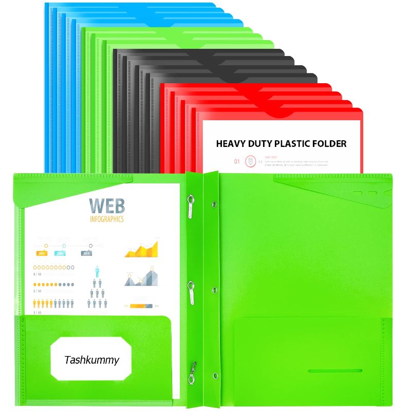 Photo 1 of 16 Packs Plastic Folders with Prongs and Clear Front Pocket,Heavy-Duty Folders with Pockets for Letter Size Paper,2 Card Slot and 2 Stay-Put Tabs with Pen Slot, 4 Colors 16 PCS 3 Prongs Folder - Black , Green , Blue ?Red