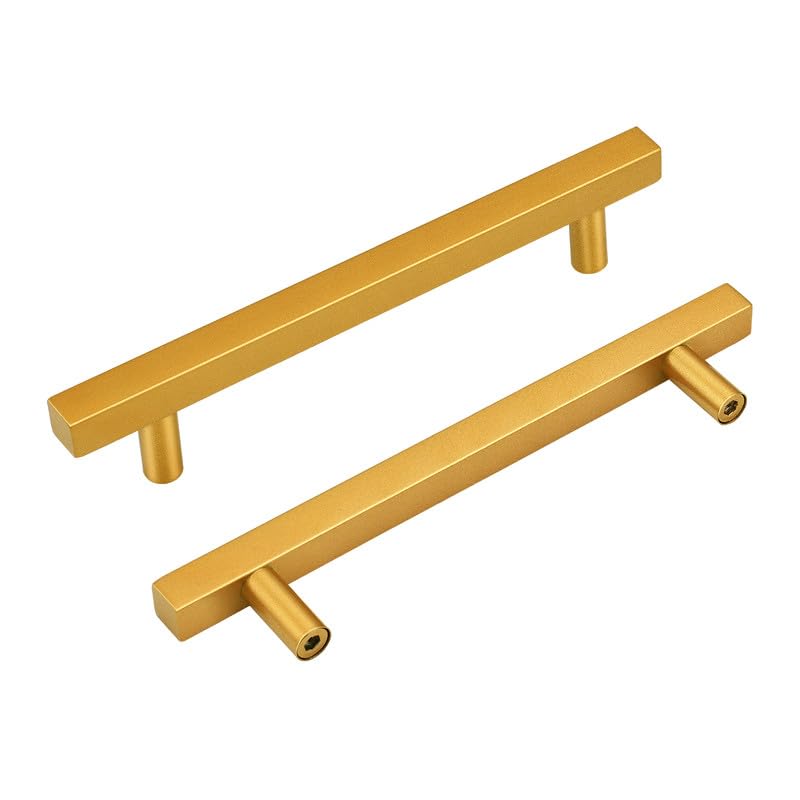 Photo 1 of GOLDENTIMEHARDWARE 20PCS Square Cabinet Pulls Drawer Handles, Polished Brass Kitchen Cabinet Handles Gold T Bar Dresser Knobs, Hole Centers: 5”(128mm) 20 5”(128mm) Hole Centers