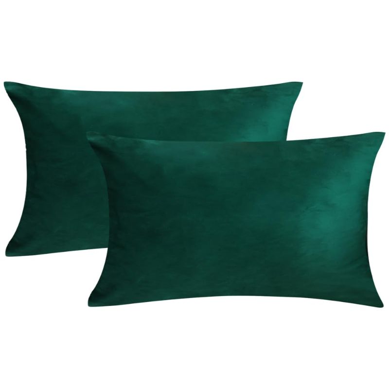 Photo 1 of 12x20 Set of 2 Velvet Lumbar Throw Pillow Covers Dark Green Soft Solid Decorative Cushion Cases Outdoor Home Decor for Furniture Bedroom Car Couch Chair Office Velvet: Dark Green 2 pieces,12"x20"