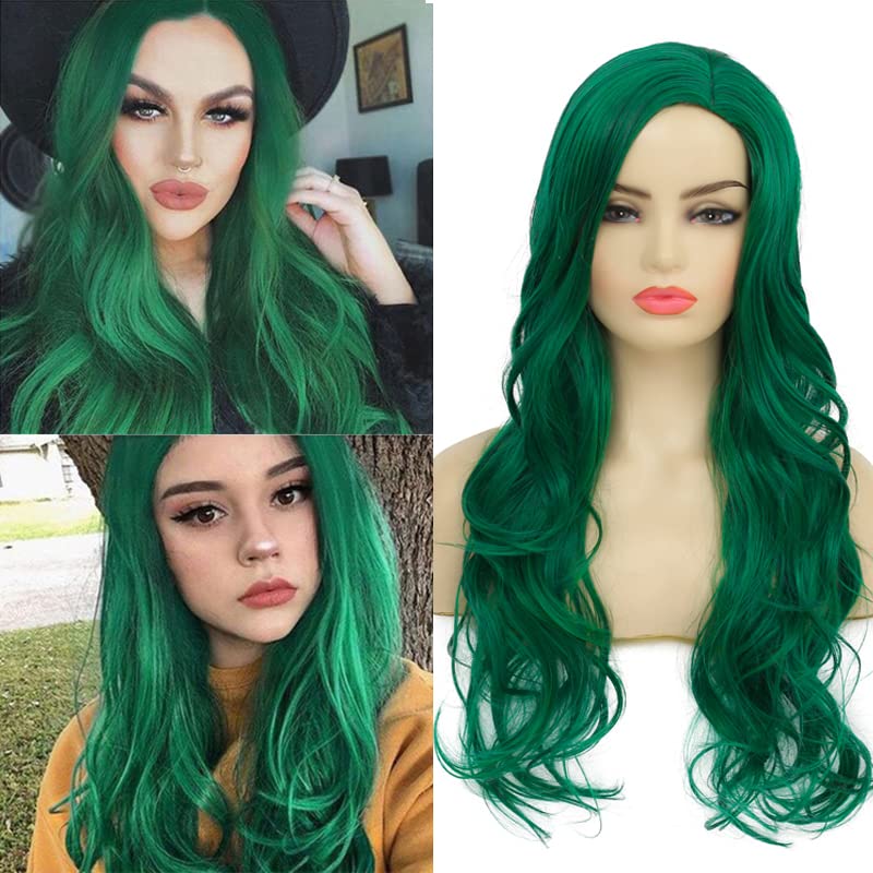 Photo 1 of Baruisi Long Curly Wavy Green Wigs for Women Side Part Natural Looking Cosplay Synthetic Fiber Wig Heat Resistant Replacement Wig