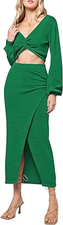 Photo 1 of Duigluw Women Two Piece Outfits Skirt Set Long Sleeve Twist Crop Top Slit Midi Skirt Lounge Dress Set /XL