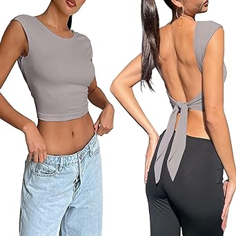 Photo 1 of ABINGOO Women Backless Sleeveless Tops Sexy Open Back Crop Tops Crewneck Short Sleeve Crop Tee Y2K Tie Back Tank Cami Tops / L