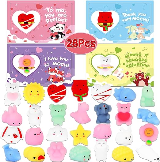 Photo 1 of Advoxa Valentines Day Gifts Toys for Kids - 28 Packs Valentines Cards with Mochi Squishies Toys, Valentines Gift Exchange School Classroom Prize Rewards Party Favors Toys 