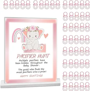 Photo 1 of 51 Pcs Baby Shower Games Include Baby Pacifier Hunt Foam Board Sign and 50 Acrylic Baby Pacifiers Mini Plastic Pacifiers, Pink Boho Elephant Theme - Fun, Unique and Easy to Play Activity 