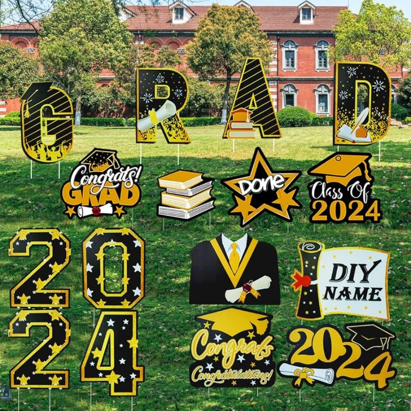 Photo 1 of 16 Packs 2024 Graduation Yard Signs Decorations for Yard Lawn Outdoor,Signs with Stakes Graduation Hat for Graduation Ceremony Decor Party Supplies Spring Outdoor Lawn