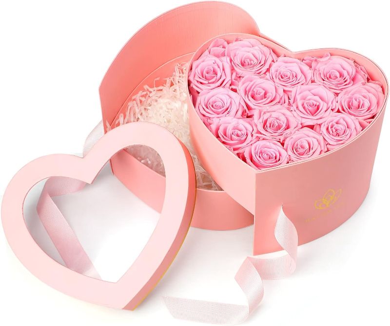 Photo 1 of Valentine's Day Heart Shaped Gift Boxes Double Layer Flower Boxes with Window Lids and Ribbons Eternal Flowers Preserved Rose for Wife, Mothers Day, Valentine's Day Gift for Her(Pink)