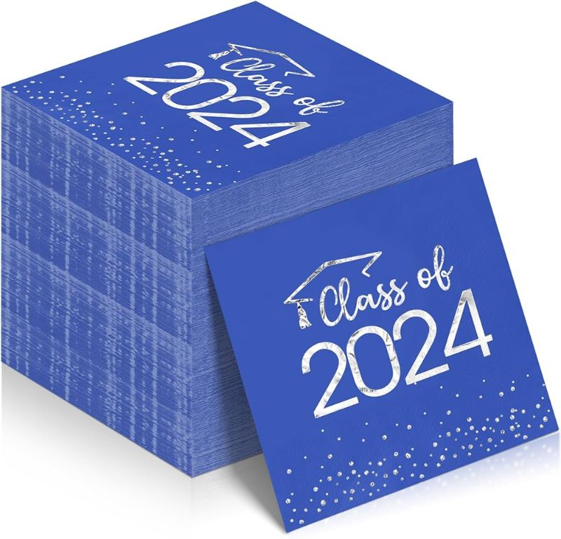 Photo 1 of 100pcs Class of 2024 Graduation Napkins, Disposable Congrats Grad Cocktail Napkins Foil Dot Paper Hand Towels for 2024 High School University College Graduation Party Decorations(Blue Black