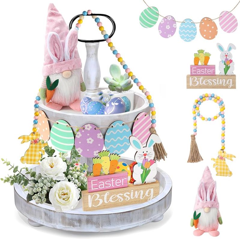 Photo 1 of Easter Tiered Tray Decorations,9PCS Easter Decor Set 5xColored Eggs,1xEaster Bunny Gnome Plush,1x3D Wooden Sign,1xBeaded Wooden Pendant Spring Easter Farmhouse Kitchen Table Ornament