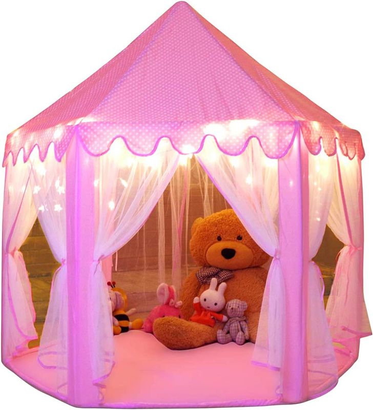 Photo 1 of Monobeach Princess Tent Girls Large Playhouse Kids Castle Play Tent with Star Lights Toy for Children Indoor and Outdoor Games, 55'' x 53'' (DxH)
