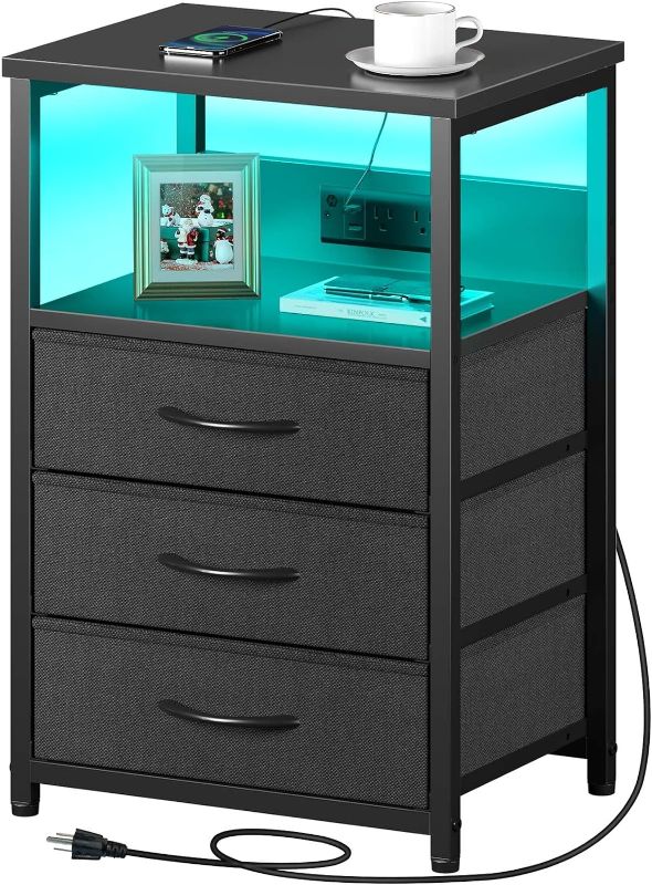 Photo 1 of Seventable Nightstand with Charging Station and LED Light, Side Table with 3 Fabric Drawers, Bedside End Table with USB Ports and Outlets, Night Stand for Bedroom, Black
