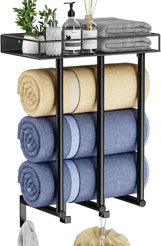 Photo 1 of Ovicar Towel Racks for Bathroom - Wall Mounted Towel Rack with Metal Shelf & 3 Hooks, 3 Bars Wall Towel Holder for Small Bathroom, Bath Towel Storage for Rolled Towels Organizer (Black)