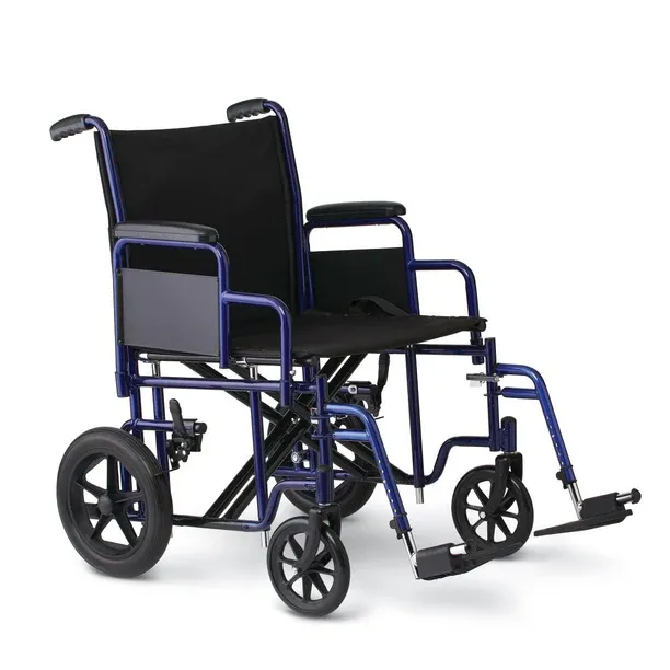 Photo 1 of Medline Heavy Duty Transport Chair supports up to 500 lbs., Bariatric Transport Wheelchair, 22" x 19" seat, Blue Frame
