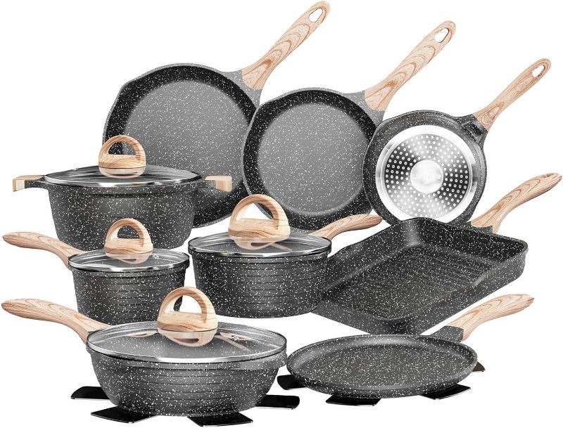 Photo 1 of JEETEE Pots and Pans Set Nonstick 23pcs, Healthy Kitchen Cookware Sets, Induction Cooking Set W/Gray Granite Stone Frying Pans, Saucepans, Sauté Pan, Griddle Pan & Crepe Pan (PFOA Free)