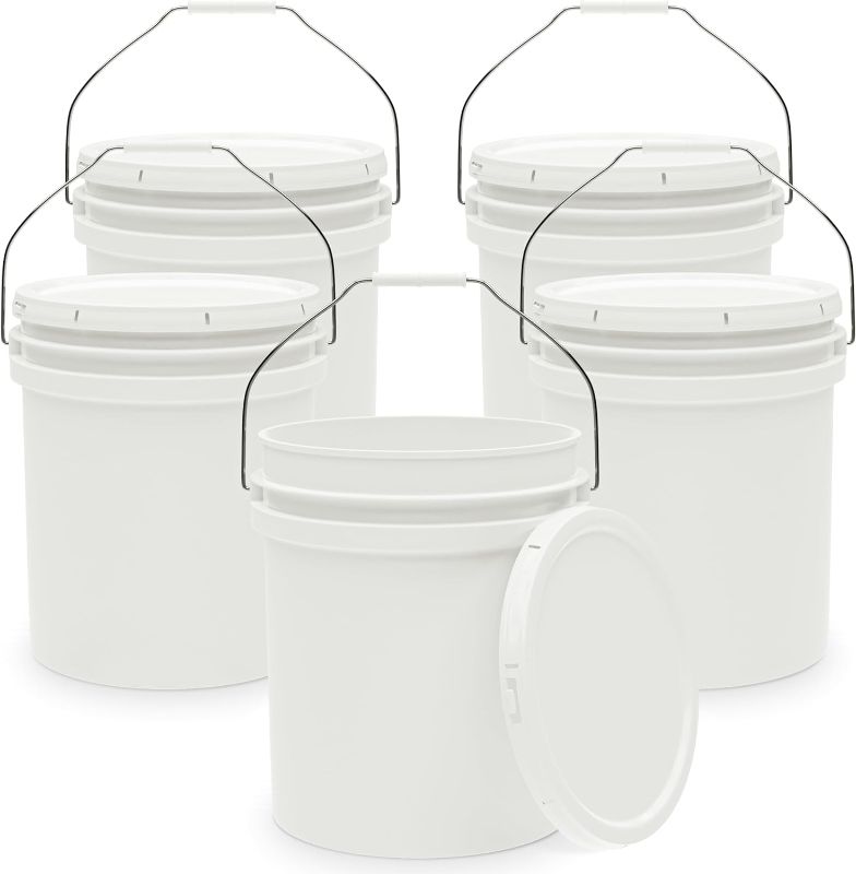 Photo 1 of 5-Gallon White Bucket Pail Container with Lid | Food Grade | Heavy-Duty 90MIL Extra Durable | Metal Handles with Plastic Grip for Easy Carrying | Multi-Use | Easy Stack and Store | BPA Free - 5 Pack
