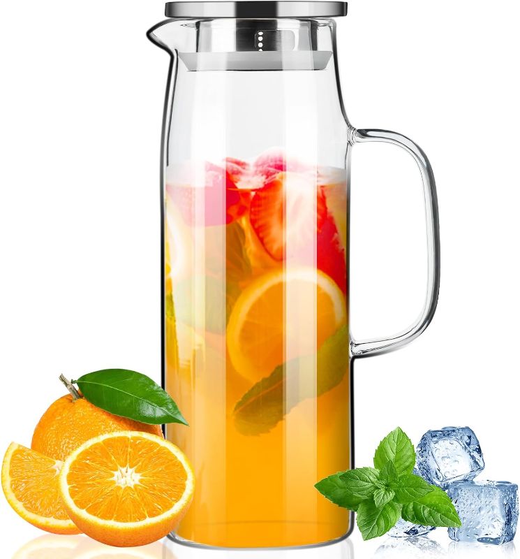 Photo 1 of PARACITY Glass Pitcher with Lid and Spout 50oz/ 1.5L, Hot/Cold Water Pitcher, Iced Tea Pitcher for the Shelf of Fridge, Easy to Clean, High Borosilicate Glass Pitcher for Lemonde, Juice and Milk