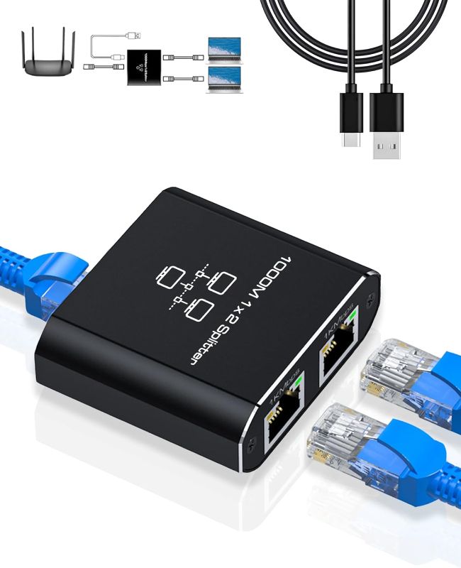 Photo 1 of LIEZHUA Gigabit Ethernet Splitter 1 to 2 - Network Splitter with USB Power Cable, RJ45 Internet Splitter Adapter 1000Mbps High Speed for Cat 5/5e/6/7/8 Cable [2 Devices Networked Simultaneously]