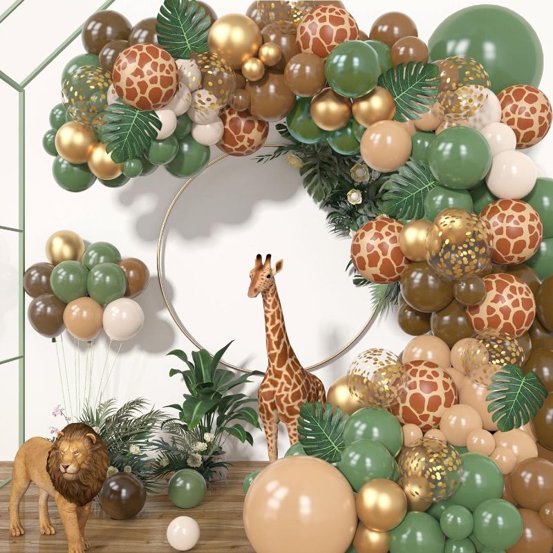 Photo 1 of 170Pcs Jungle Safari Balloons Garland Kit, Safari Baby Shower Decorations Sage Green Brown & Animal Print Balloons Palm Leaves for Woodland Themed Giraffe Wedding Two Wild One Birthday Party Supplies