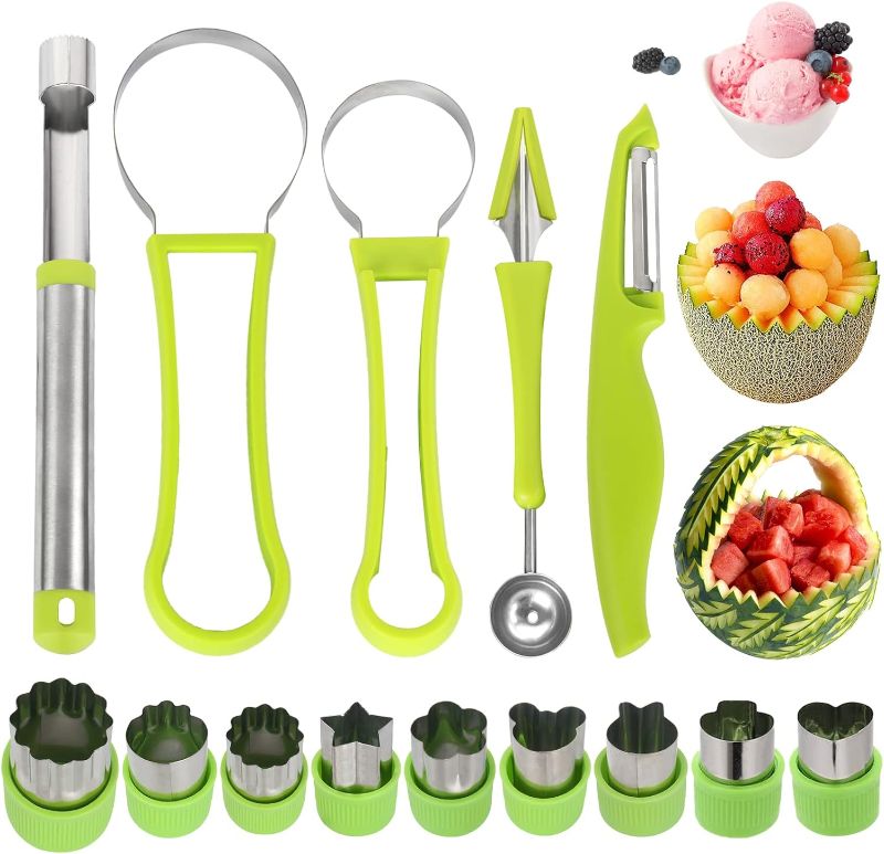 Photo 1 of 14 Pack Melon Baller Scoop Set - 4 in 1 Stainless Steel Fruit Tool Set Fruit Scooper Seed Remover with Fruit Vegetable Cutter Shapes Set Fruit Peeler for Fruit Slicer Dig Pulp Separator