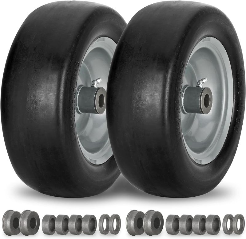 Photo 1 of 2 PCS 11x4.00-5" Flat Free Lawn Mower Tire on Wheel, 3/4" or 5/8" Bushing, 3.4"-4"-4.5-5" Centered Hub, Universal Fit Smooth Tread Tire for Zero Turn Lawn Mowers, with Universal Adapter Kit