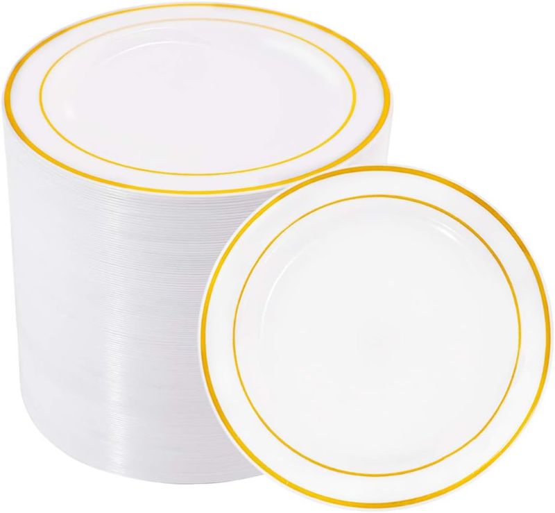 Photo 1 of bUCLA 100Pieces Gold Plastic Plates -6.25inch Disposable Salad/Dessert Plates- White with Gold Rim Premium Hard Plastic Appetizer Plates/Small Cake Plates for Weddings& Parties