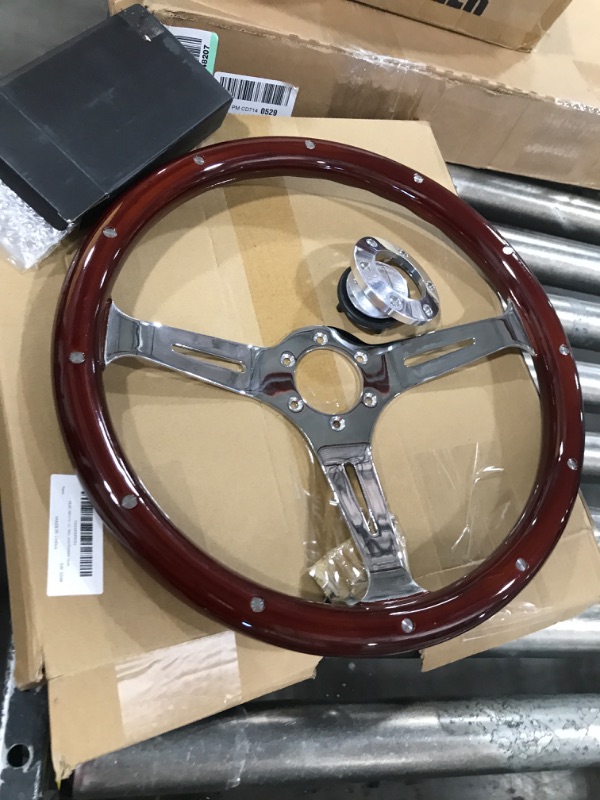 Photo 2 of YIUIY 380MM 15" Wooden Steering Wheel with Horn Button Kit- Classic Wood Grain Steering Wheel - Nostalgia Hollow-carved Riveted Style