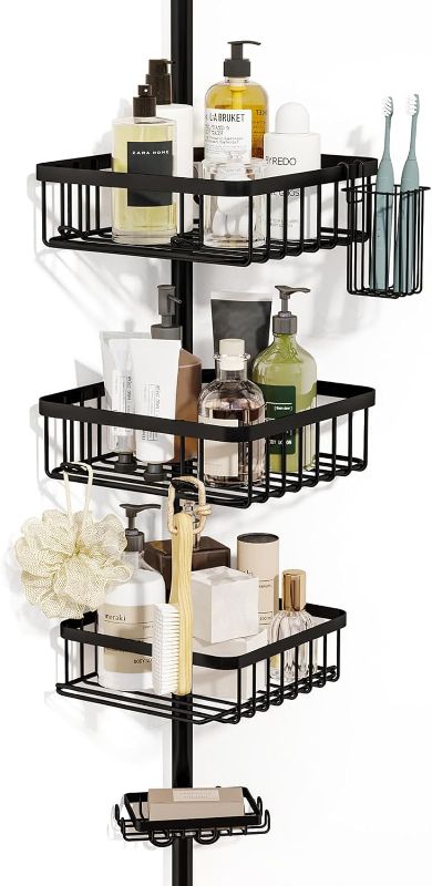 Photo 1 of Fixwal Rustproof Shower Corner Caddy Organizer for Bathroom, 3 Large Baskets with Soap Caddy & Toothbrush Holder, Tension Pole Extend from 56 to 117 Inch?Black
