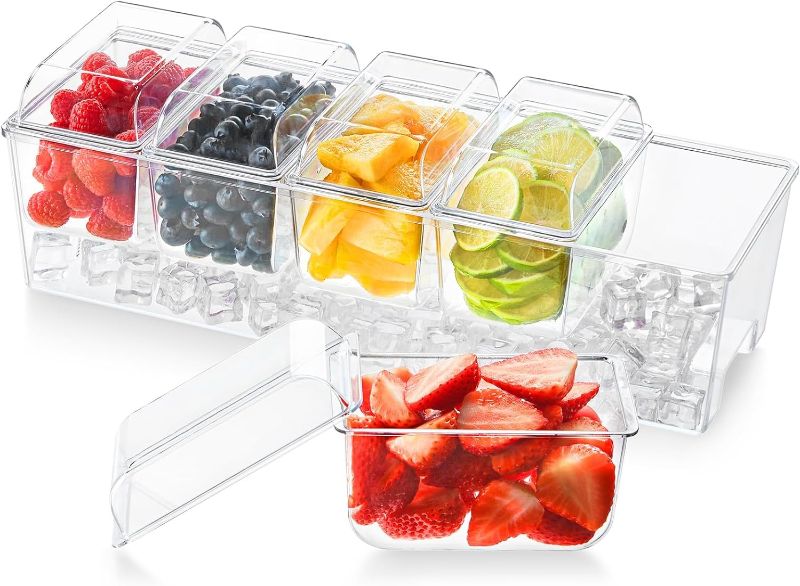 Photo 1 of Lifewit Ice Chilled Condiment Caddy with 5 Containers(2.5 cup), Condiment Server with Separate Lids, Serving Tray Platter with Removable Dishes for Bar Accessories, Fruit, Salad, Taco, Party Garnish
