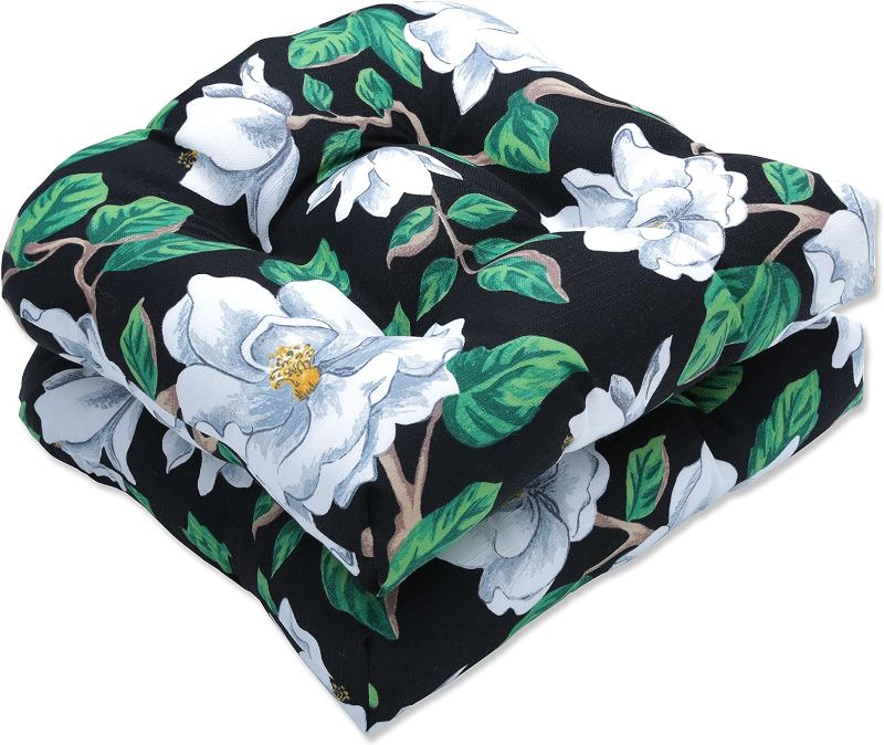 Photo 1 of Pillow Perfect Floral Indoor/Outdoor Chair Seat Cushion, Tufted, Weather, and Fade Resistant, 19" x 19", Black/White Magnolia, 2 Count

