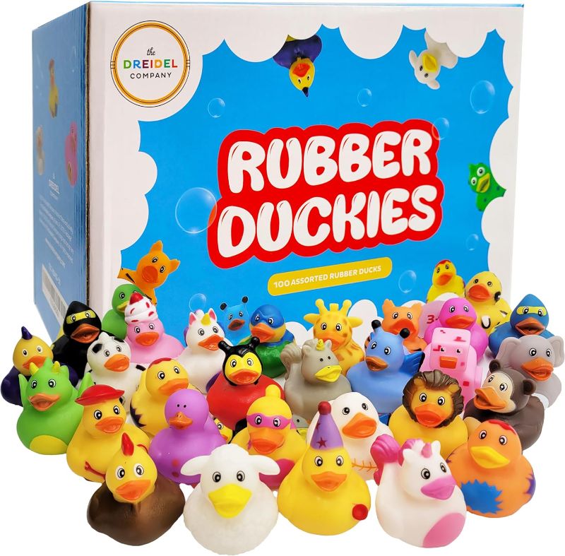 Photo 1 of The Dreidel Company Assortment Rubber Duck Toy Duckies for Kids, Bath Birthday Gifts Baby Showers Classroom Incentives, Summer Beach and Pool Activity, 2" (Pack of 100)
