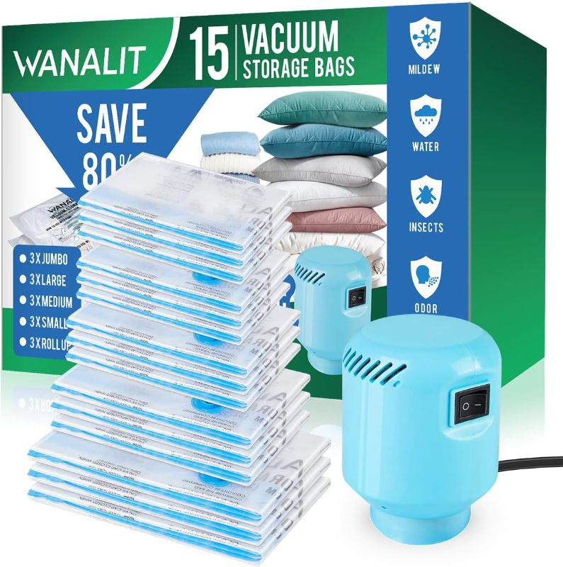 Photo 1 of Vacuum Storage Bags with Electric Air Pump, 15 Pack (3 Jumbo, 3 Large, 3 Medium, 3 Small, 3 Roll Up Vacuum Sealer Bags) Space Saver Bag for Clothes, Blanket, Duvets, Pillows, Comforters, Travel

