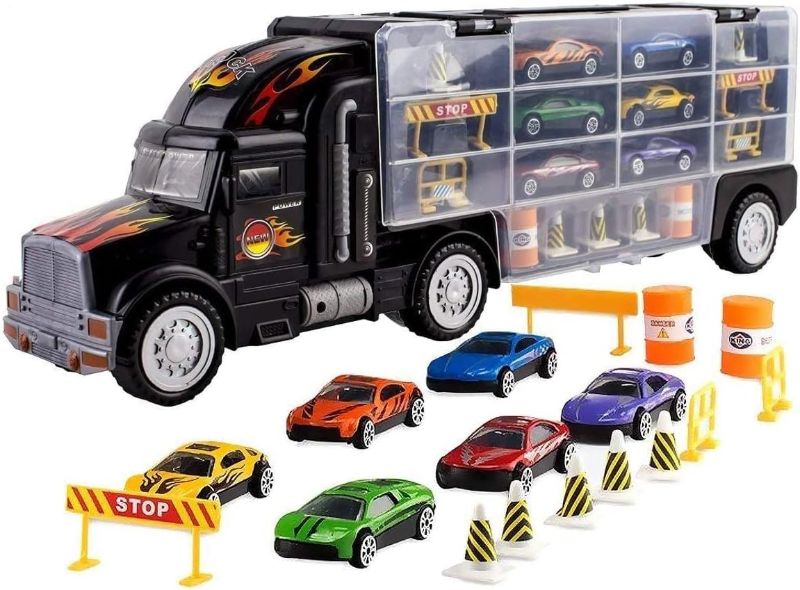 Photo 1 of Toy Truck Transport Car Carrier Toy for Boys and Girls Age 3-10 yrs Old - Hauler Truck Includes 6 Cars and Accessories - Fits 28 Car Slots - Ideal Gift for Kids
