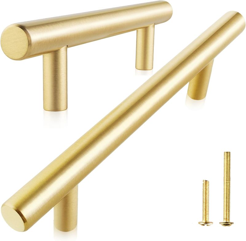 Photo 1 of QOGRISUN 5-Pack Solid Brass Cabinet Pulls, Gold Euro Style T Bar Handles, 5-Inch Hole Center for Kitchen Drawer Dresser Cupboard, 7-Inch Total Length, Brushed Brass Finish
