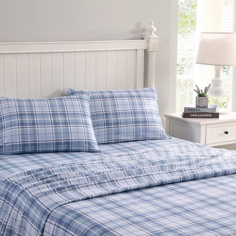 Photo 1 of Laura Ashley Home - King Sheets, Cotton Flannel Bedding Set, Brushed for Extra Softness & Comfort (Mulholland Plaid Blue, King)
