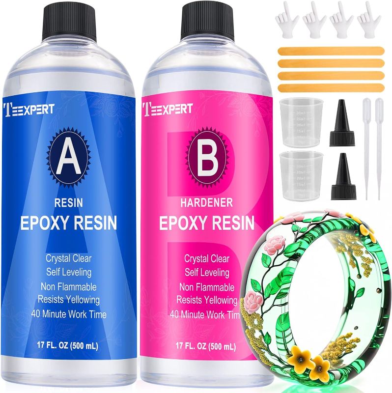Photo 1 of Teexpert Epoxy Resin Crystal Clear: 34oz Epoxy Resin kit 3X Yellowing Resistant Fast Curing for Casting Coating Art DIY Craft Jewelry Wood Table - 2 Part(17oz Resin and 17oz Hardener)
