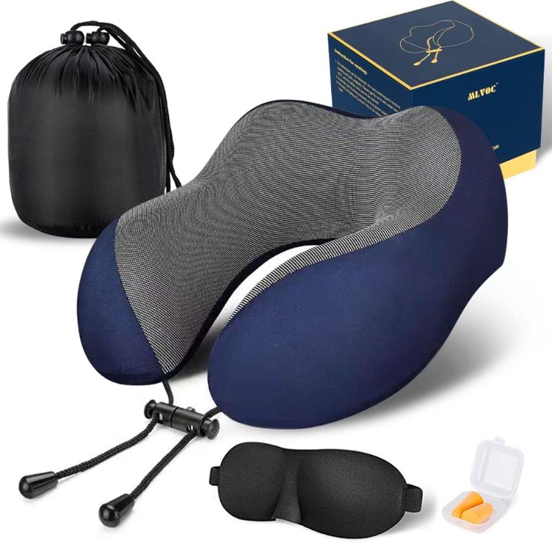 Photo 1 of MLVOC Travel Pillow 100% Pure Memory Foam Neck Pillow, Comfortable & Breathable Cover, Machine Washable, Airplane Travel Kit with 3D Contoured Eye Masks, Earplugs, and Luxury Bag, Standard (Blue)
