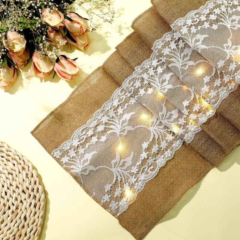 Photo 1 of Tiamon 2 Pieces Burlap Table Runner with LED String Lights Burlap Lace Vintage Table Runner Rustic Country Thanksgiving Christmas Holiday Wedding Table Decoration Farmhouse Decor, 12 x 71 Inch

