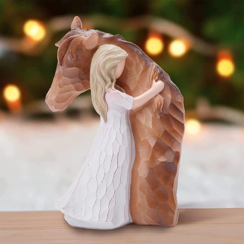 Photo 1 of LUCKYBUNNY Truly a Friend Guardian Angel Statues, Sculpted Hand-Painted Girl Embracing Horse Figurines, Horse Lover Gifts, Cowgirls Gifts, Horse Loss Remembrance Gifts, Birthday