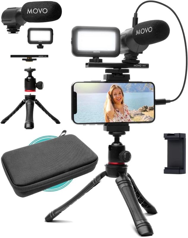 Photo 1 of Movo iVlogger Vlogging Kit for iPhone - Lightning Compatible YouTube Starter Kit for Content Creators - Accessories: Phone Tripod, Phone Mount, LED Light and Shotgun Microphone
