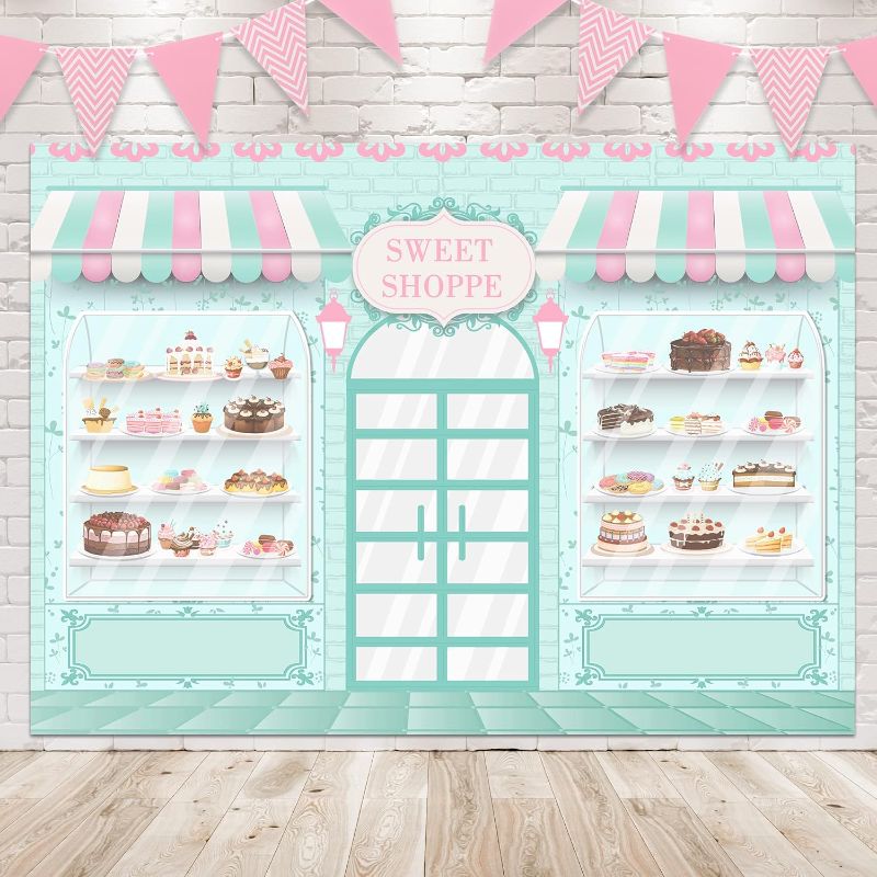 Photo 1 of Newsely Ice Cream Candyland Sweet Shoppe Backdrop 7Wx5H Photography Donut Kitchen Cartoon Colorful Dessert Background for Kids Girls Birthday Baby Shower Party Decorations Banner Photo Props Supplies
