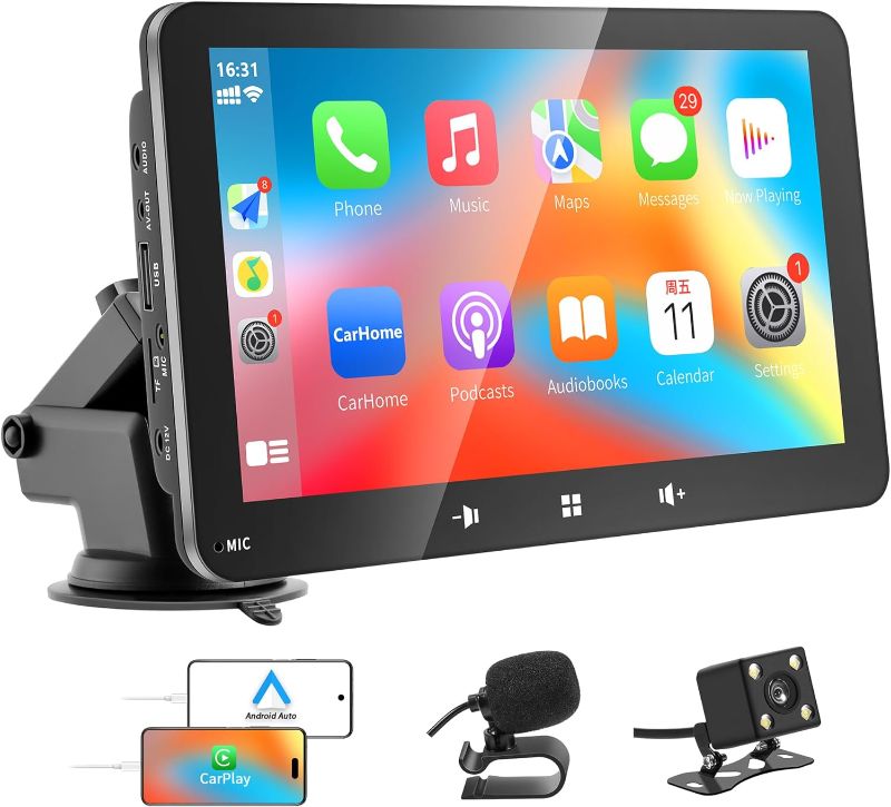 Photo 1 of Apple Car Play Screen Portable Wireless Apple CarPlay & Android Auto, 7’ HD Touch Screen for Car Stereo Backup Camera, Car Radio with Mirror Link/Airplay/Bluetooth Hands-Free Calling/Mic/TF/USB/AUX
