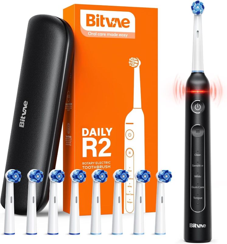 Photo 1 of Bitvae R2 Rotating Electric Toothbrush for Adults with 8 Brush Heads, Travel Case, 5 Modes Rechargeable Power Toothbrush with Pressure Sensor, 3 Hours Fast Charge for 30 Days, Black