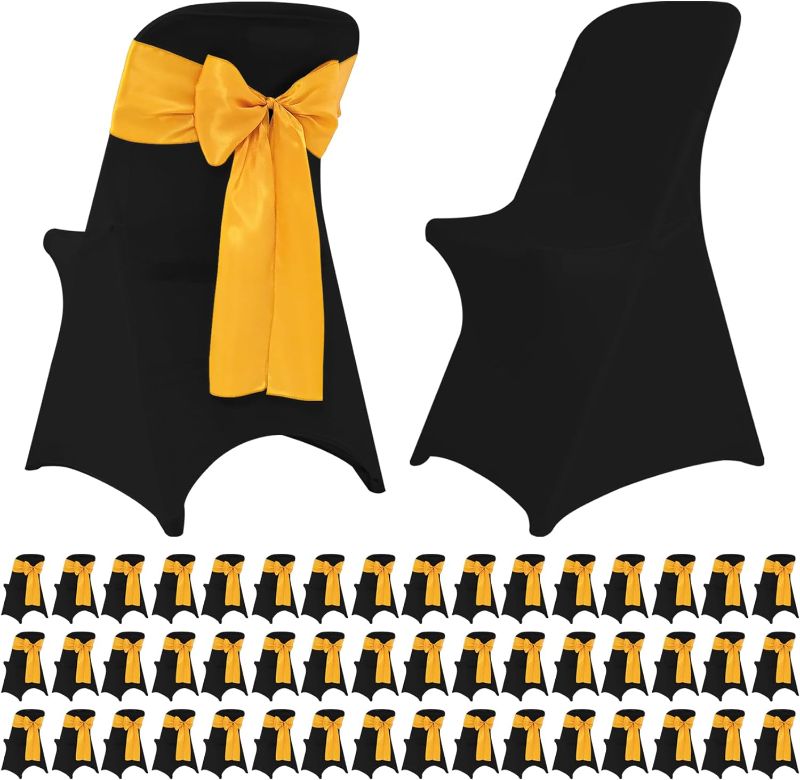 Photo 1 of HAISIWLKJ 50 Sets Stretch Spandex Folding Chair Cover Black and Satin Bows Chair Sashes Ribbon Ties, Washable Chair Slipcovers for Wedding Banquet Party Baby Shower Events Dining Decoration(Gold)
