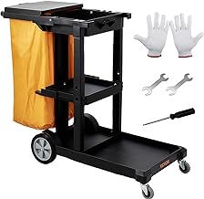 Photo 1 of VEVOR Cleaning Cart, 3-Shelf Commercial Janitorial Cart, 200 lbs Capacity Plastic Housekeeping Cart, with 25 Gallon PVC Bag and Cover, 47 x 20 x 38.6in, Yellow&Black Black+lid