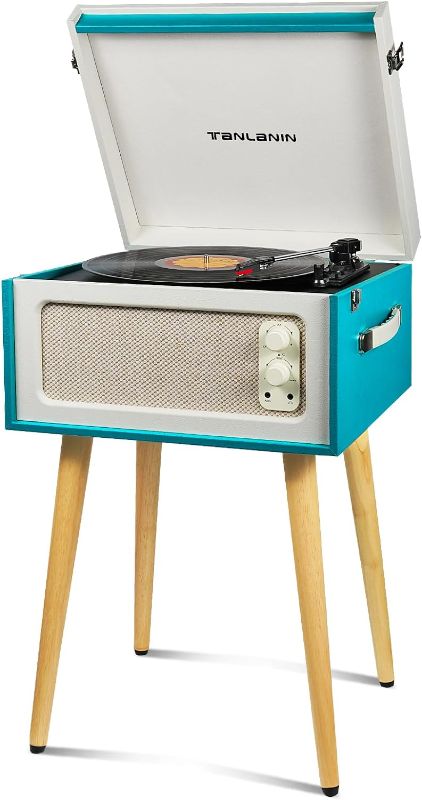 Photo 1 of Vintage Standing Vinyl Record Player with Detachable Legs, Bass & Treble Control, 33/45/78 RPM LP Player Bluetooth Retro Turntables with Built-in Speakers Support Headphone Jack, RCA Out, AUX in, Teal
