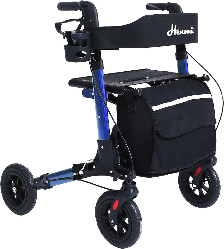 Photo 1 of Henmnii Rollator Walker with seat for Seniors, All Terrain Walker with 10inch Front Rubber Wheels, Lightweight Foldable Aluminum Walkers