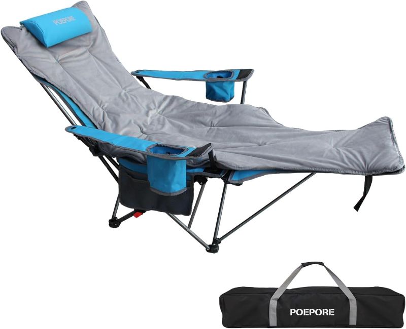 Photo 1 of Reclining Camping Chair with Removable Footrest Lounge Chair with Headrest, Cotton Cushion, Portable Adjustable Folding Chairs for Adults Blue
