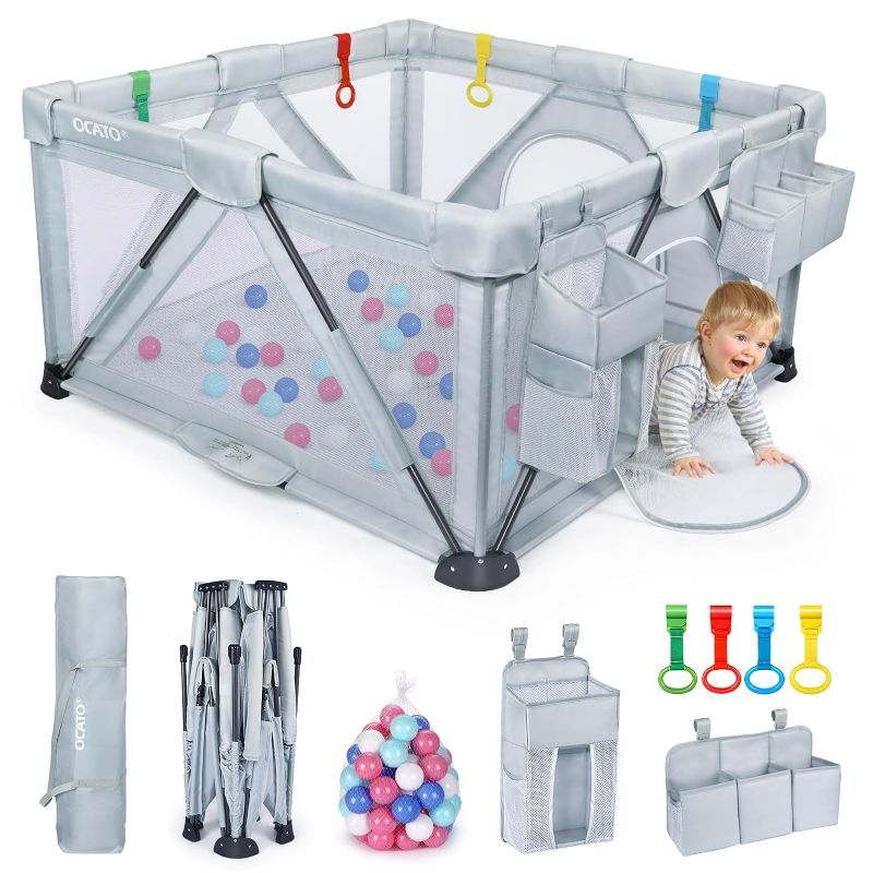 Photo 1 of OCATO Baby Playpen: Foldable Playpen for Babies and Toddlers Large Play Pen Portable Playpen Fence Indoor Outdoor Kids Safety Area Travel Play Yard with 2 Storage Bags 4 Handlers 50 Balls (50" × 50") 50"×50"